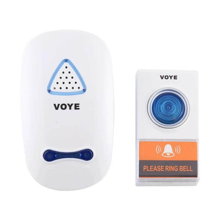 VOYE Home Wireless Remote Control Doorbell with Various Sounds rechargeable plug-in receiver and wireless push button shown in white