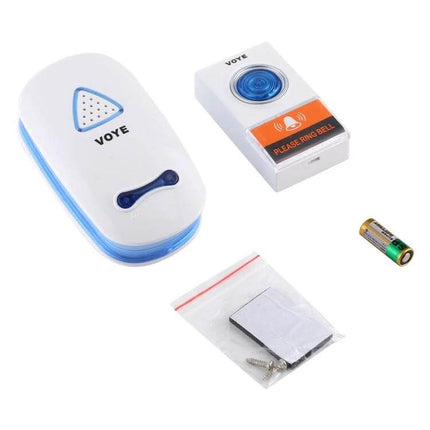 VOYE Home Wireless Remote Control Doorbell with Various Sounds white receiver and push button kit shown on white background