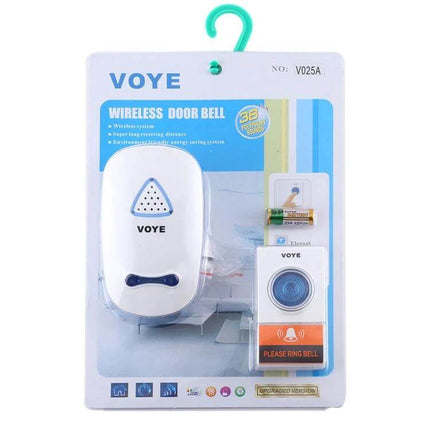 VOYE Home Wireless Remote Control Doorbell with Various Sounds packaged wireless doorbell kit showing receiver and push button