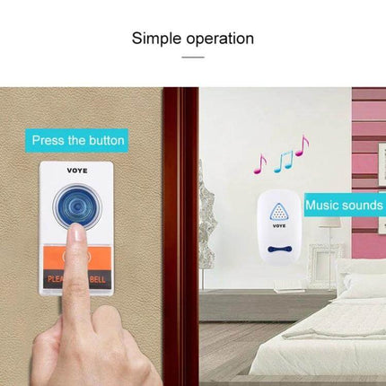 VOYE Home Wireless Remote Control Doorbell with Various Sounds — finger pressing wireless button outside, indoor chime playing musical sounds