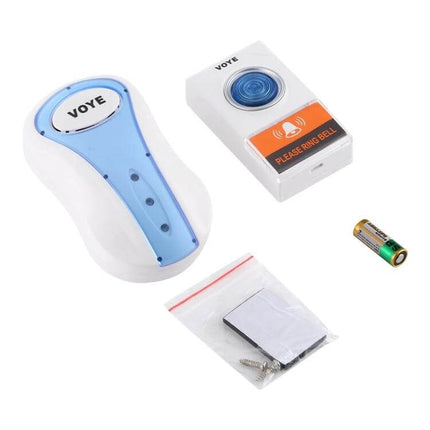 Voyage Wireless Music Doorbell with Plug-in Design for Easy Home Installation showing white blue receiver, white push button, battery and mounting accessories