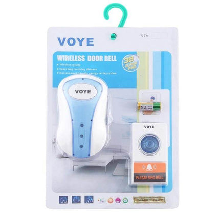 Voyage Wireless Music Doorbell with Plug-in Design for Easy Home Installation showing white-blue wireless chime and button in retail packaging