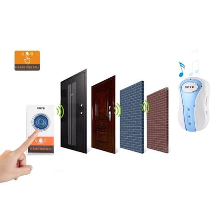 Voyage Wireless Music Doorbell with Plug-in Design for Easy Home Installation showing push button transmitter and plug-in chime through walls