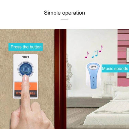 Voyage Wireless Music Doorbell with Plug-in Design for Easy Home Installation showing press button transmitter and plug-in receiver playing music