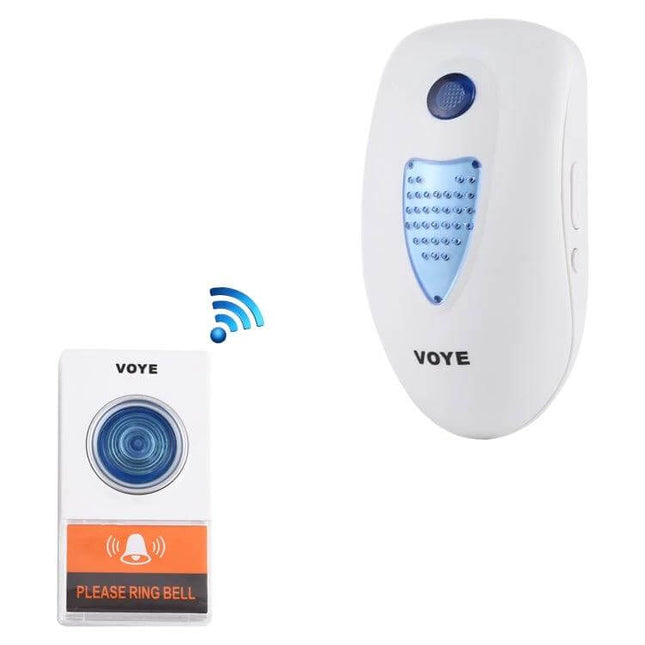 Voyé Wireless Plug-in Doorbell for Easy Home Notifications shown with plug-in receiver and wireless push button transmitter