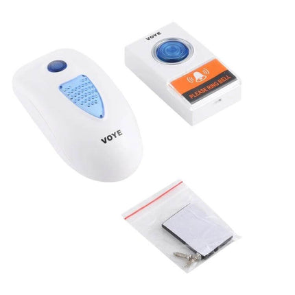 Voyé Wireless Plug-in Doorbell for Easy Home Notifications showing white plug-in receiver, wireless push button transmitter and mounting hardware