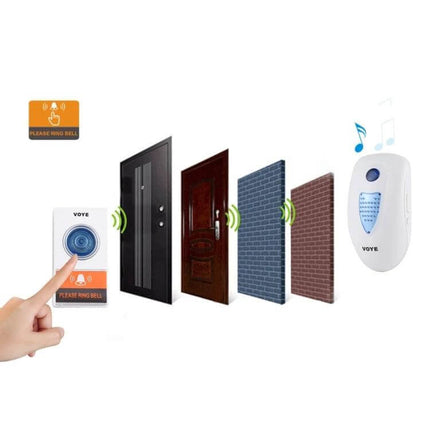 Voyé Wireless Plug-in Doorbell for Easy Home Notifications showing plug-in receiver and wireless push button transmitting through doors