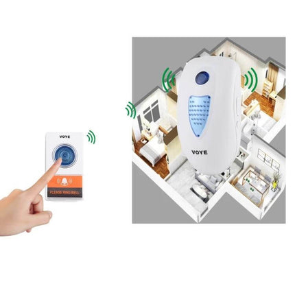 Voyé Wireless Plug-in Doorbell for Easy Home Notifications showing plug-in receiver and wireless transmitter in a home layout
