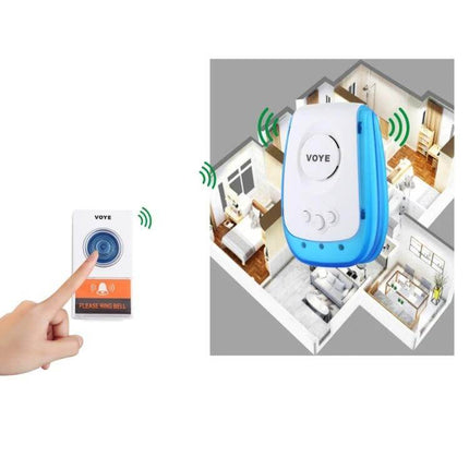 Voyage Wireless Doorbell for Easy Home Installation with Music Tones - blue plug-in chime and wireless button shown in home layout