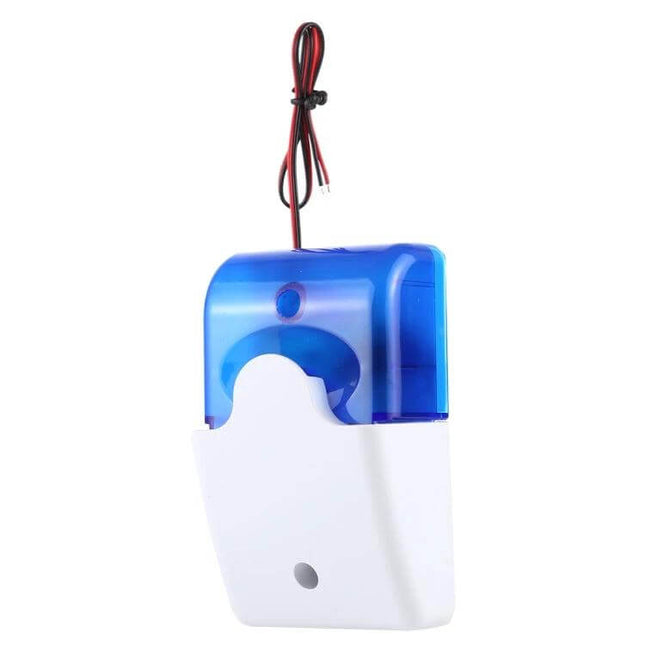 Mini Strobe and Siren Alarm for Everyday Home Security compact blue-and-white unit with wiring, bright strobe and loud siren for homes, shops, schools