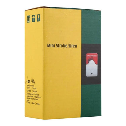 Mini Strobe and Siren Alarm for Everyday Home Security boxed unit showing yellow-green packaging and red strobe image