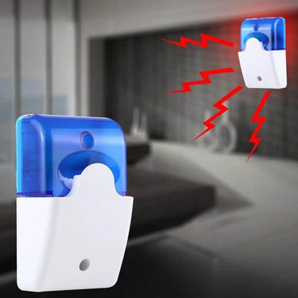 Mini Strobe and Siren Alarm for Everyday Home Security showing compact blue flashing siren mounted on wall