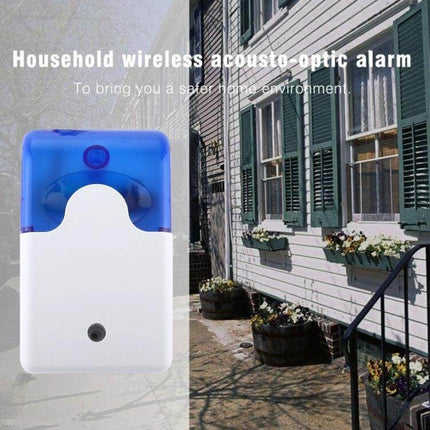 Mini Strobe and Siren Alarm for Everyday Home Security shown mounted beside a house exterior with flashing blue strobe and siren unit