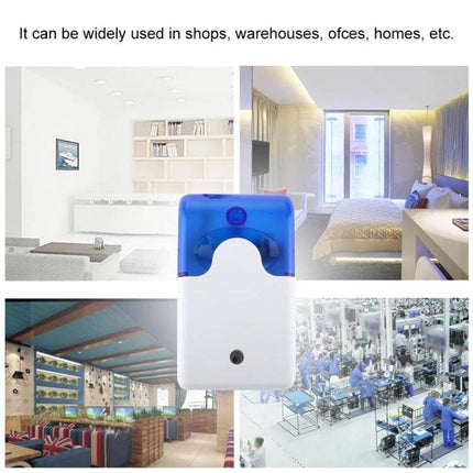 Mini Strobe and Siren Alarm for Everyday Home Security showing compact alarm with blue strobe in home, shop, and warehouse settings