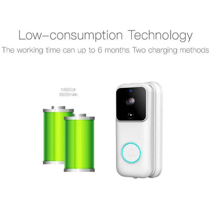 Anytek Smart WiFi Doorbell for Remote Home Monitoring showing doorbell unit and dual battery icons highlighting low-consumption technology