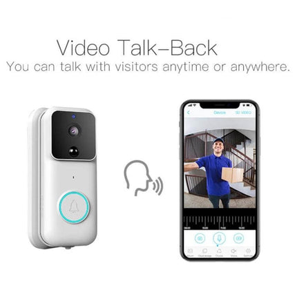 Anytek Smart WiFi Doorbell for Remote Home Monitoring showing doorbell and smartphone video talk-back with visitor on screen