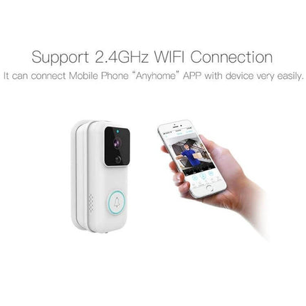 Anytek Smart WiFi Doorbell for Remote Home Monitoring showing doorbell unit and smartphone app with 2.4GHz WiFi connection and live visitor view
