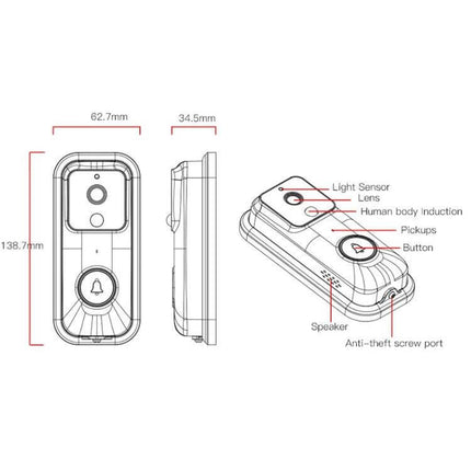 Anytek Smart WiFi Doorbell for Remote Home Monitoring showing product dimensions, front/side views, lens, button, speaker and labeled features