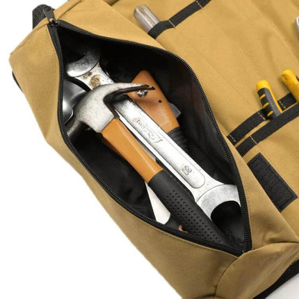 WESSLECO Wear-Resistant Waterproof Parts Storage Tool Pack open pocket with hammer wrench and screwdrivers in tan organizer