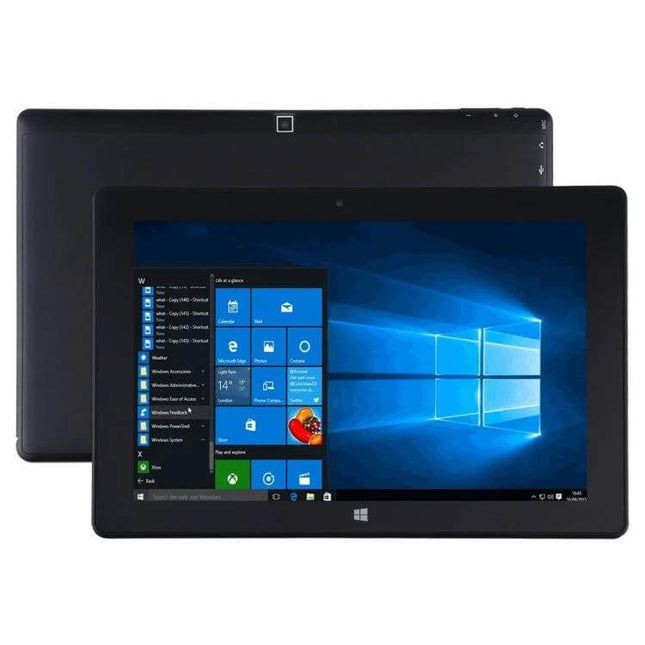 Versatile 10.1 Inch Tablet PC for Daily Computing Tasks shown front and back with Windows 11 screen, Intel Celeron J4105, 4000mAh battery