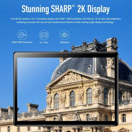 Hi9 Air 10.1-Inch Android Tablet with 4GB RAM and 64GB Storage showing 2K display and tablet frame over historic building