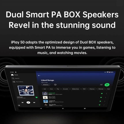 iPlay 50 10.4-Inch Android Tablet for Everyday Entertainment displaying music app and Dual Smart PA BOX speakers