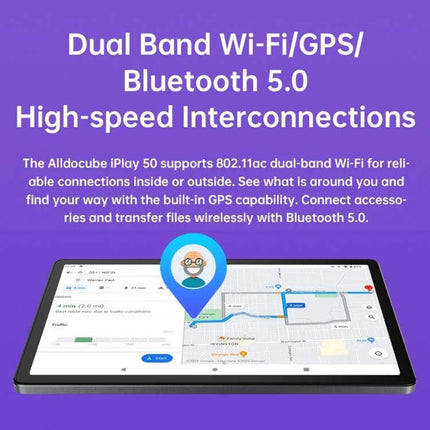 iPlay 50 10.4-Inch Android Tablet for Everyday Entertainment showing GPS map, dual-band Wi-Fi and Bluetooth 5.0 connectivity