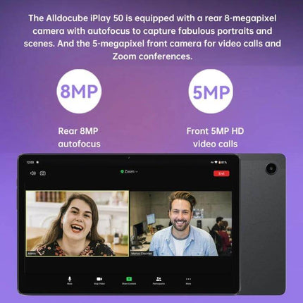 iPlay 50 10.4-Inch Android Tablet for Everyday Entertainment showing 8MP rear and 5MP front cameras with Zoom video call screen