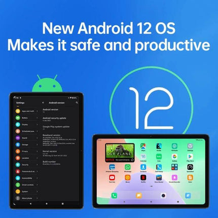 iPlay 50 10.4-Inch Android Tablet for Everyday Entertainment showing Android 12 interface on two tablets, good for streaming and browsing