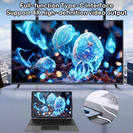 Jumper EZpad V12 Plus 12-Inch Windows Tablet for Everyday Tasks showing Type-C 4K output to TV and charging cable