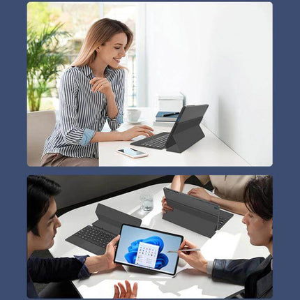 Jumper EZpad V12 Plus 12-Inch Windows Tablet for Everyday Tasks - woman using tablet with keyboard and group using tablet in meeting
