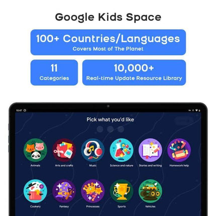 Hpad2 Android Tablet for Everyday Browsing and Productivity showing Google Kids Space on 10.95-inch IPS display with app categories and 100+ countries support