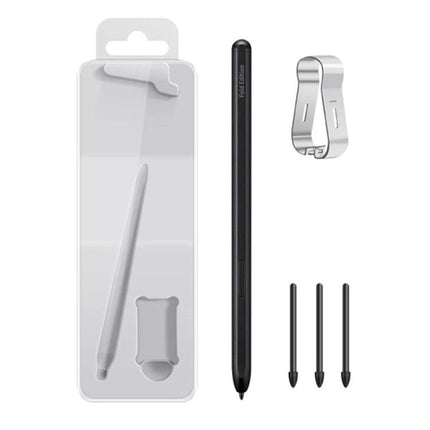 Stylus Pen for Samsung Galaxy Z Fold4 Everyday Writing Tool - sleek black stylus with three replacement tips and clip, shown with clear packaging