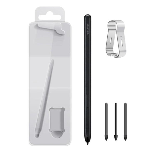 Stylus Pen for Samsung Galaxy Z Fold4 Everyday Writing Tool - sleek black stylus with three replacement tips and clip, shown with clear packaging
