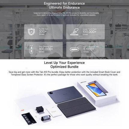 Ulefone Tab A10 Pro 10.1 Inch Android Tablet for Everyday Activities showing tablet, Smart Book cover, tempered glass protector, and accessories