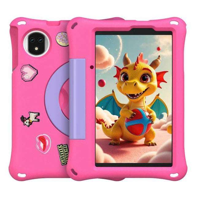 Ulefone Tab A10 Pro Kids Tablet for Education and Fun in pink protective case showing colorful dragon game on 8.68-inch HD+ screen