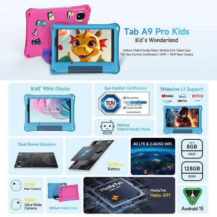 Ulefone Tab A10 Pro Kids Tablet for Education and Fun showing blue protective case, 8.68-inch HD+ 90Hz display and kids educational features