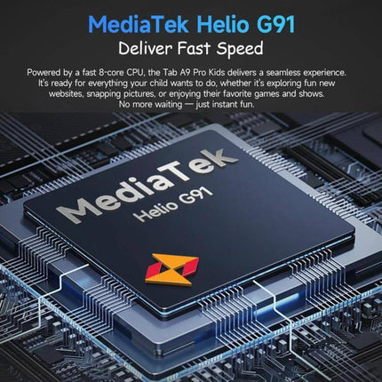 Ulefone Tab A10 Pro Kids Tablet for Education and Fun showing MediaTek Helio chip close-up on circuit board