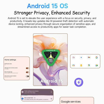 Ulefone Tab A10 Pro Kids Tablet for Education and Fun showing Android 15 OS screen and security features