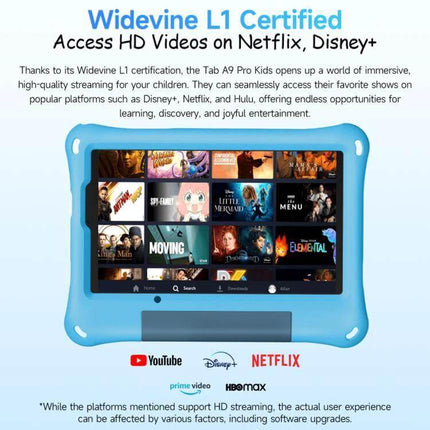 Ulefone Tab A10 Pro Kids Tablet for Education and Fun blue kid-proof tablet showing streaming apps and Widevine L1 Certified video playback