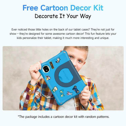 Ulefone Tab A10 Pro Kids Tablet for Education and Fun showing child holding blue protective case with cartoon decor kit
