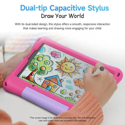 Ulefone Tab A10 Pro Kids Tablet for Education and Fun showing child drawing with dual-tip stylus and pink protective case