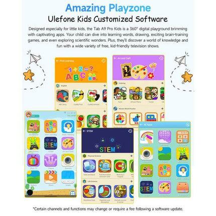 Ulefone Tab A10 Pro Kids Tablet for Education and Fun showcasing customized kid-friendly apps and colorful Playzone interface
