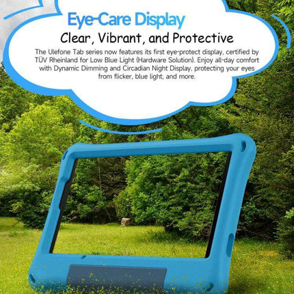 Ulefone Tab A10 Pro Kids Tablet for Education and Fun showing blue protective case and eye-care display in outdoor setting