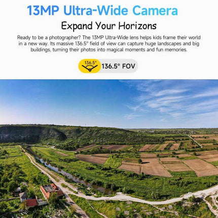 Ulefone Tab A10 Pro Kids Tablet for Education and Fun showing 13MP ultra-wide camera landscape photo and 136.5° FOV