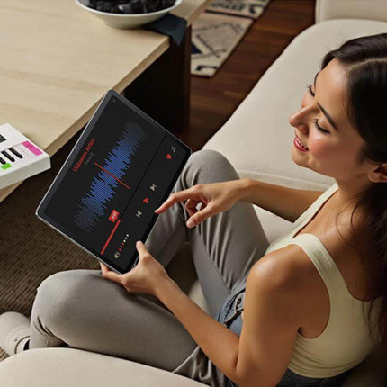 Lenovo Xiaoxin 11-Inch WiFi Tablet for Everyday Computing showing user streaming audio and using touch controls on a couch