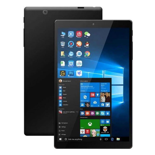 Compact 8-Inch Windows 10 Tablet for Everyday Computing - front and back view showing Windows 10 home screen and slim black chassis
