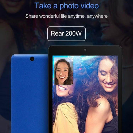 Compact 8-Inch Windows 10 Tablet for Everyday Computing showing rear camera and video call on tablet screen