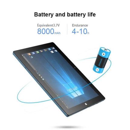 Windows 10 Tablet with Keyboard and Stylus for Daily Tasks — tablet showing Windows screen with 8000mAh battery life graphic