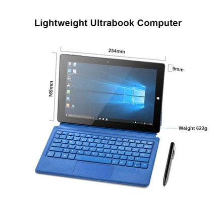 Windows 10 Tablet with Keyboard and Stylus for Daily Tasks showing tablet with detachable keyboard, stylus and dimensions for students and professionals